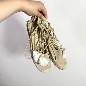 Soludos The Lauren Lace Up Espadrille Light Tan Ivory Tassel Closed Toe Shoes